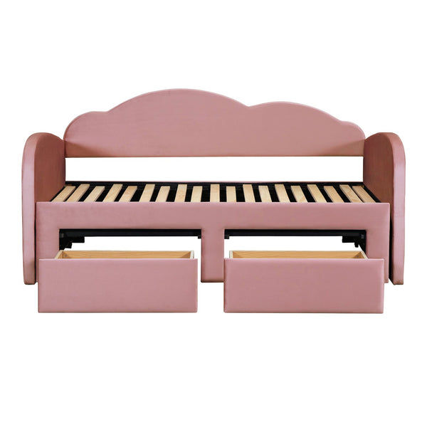 English Elm Twin Upholstered Daybed with Cloud Backrest, Trundle & 2 Storage Drawers, USB Ports, Space-Saving Design Pink SF000070AAH