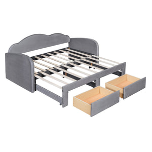 English Elm Twin Upholstered Daybed with Cloud Backrest, Trundle & 2 Storage Drawers, USB Ports, Space-Saving Design Gray SF000070AAE