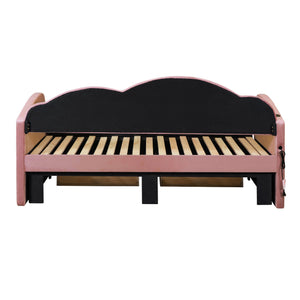 English Elm Twin Upholstered Daybed with Cloud Backrest, Trundle & 2 Storage Drawers, USB Ports, Space-Saving Design Pink SF000070AAH