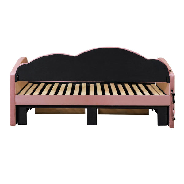English Elm Twin Upholstered Daybed with Cloud Backrest, Trundle & 2 Storage Drawers, USB Ports, Space-Saving Design Pink SF000070AAH