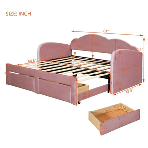 English Elm Twin Upholstered Daybed with Cloud Backrest, Trundle & 2 Storage Drawers, USB Ports, Space-Saving Design Pink SF000070AAH