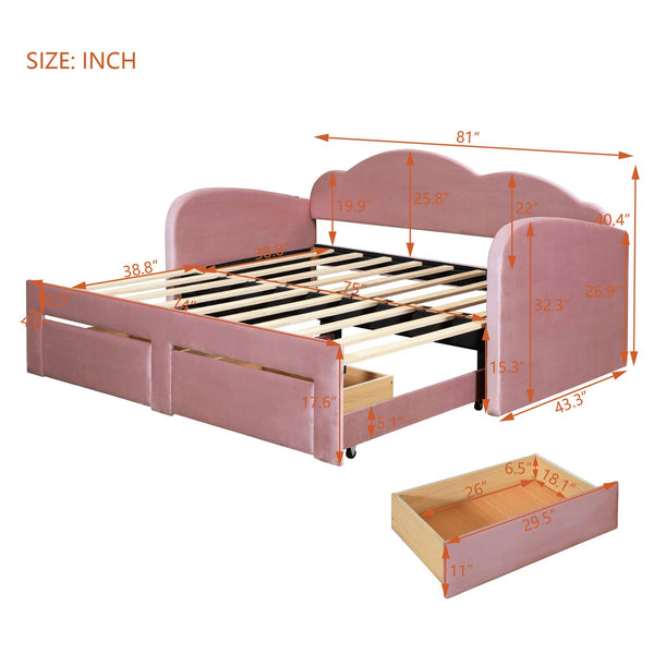 English Elm Twin Upholstered Daybed with Cloud Backrest, Trundle & 2 Storage Drawers, USB Ports, Space-Saving Design Pink SF000070AAH