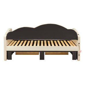 English Elm Twin Upholstered Daybed with Cloud Backrest, Trundle & 2 Storage Drawers, USB Ports, Space-Saving Design Beige SF000070AAA