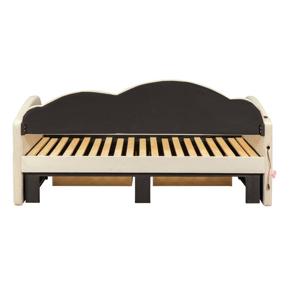 English Elm Twin Upholstered Daybed with Cloud Backrest, Trundle & 2 Storage Drawers, USB Ports, Space-Saving Design Beige SF000070AAA