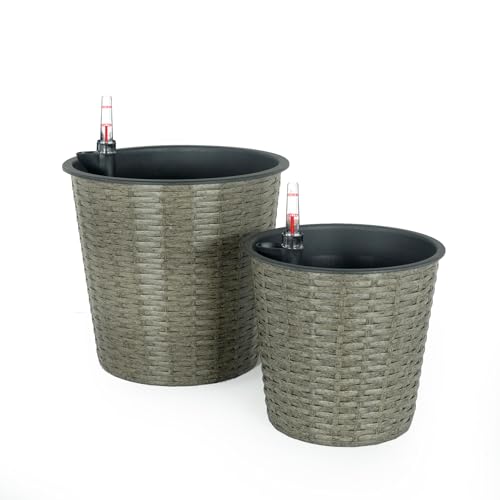 English Elm 2-Pack Elegant Round Grey Wicker Planters With Self-Watering System For Indoor & Outdoor Use B046P144647