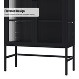 English Elm Double Glass Door Storage Cabinet With Adjustable Shelves and Feet Cold-Rolled Steel Sideboard Furniture For Living Room Kitchen Black