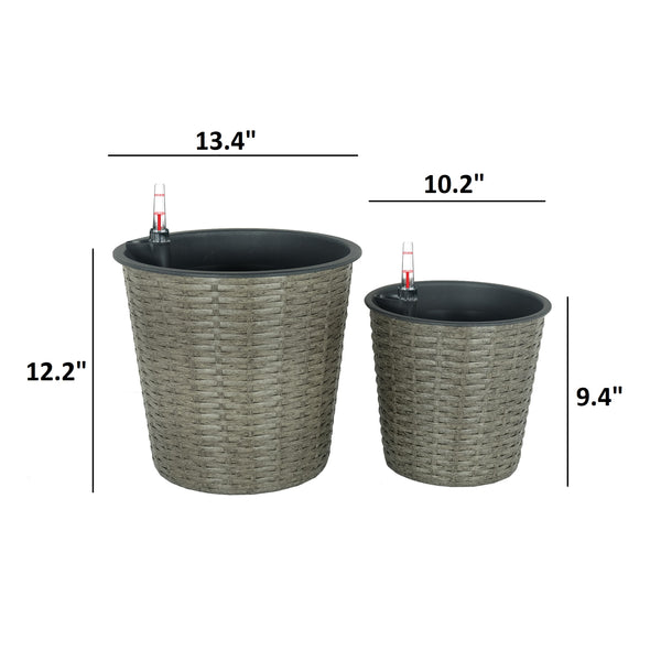 English Elm 2-Pack Elegant Round Grey Wicker Planters With Self-Watering System For Indoor & Outdoor Use B046P144647