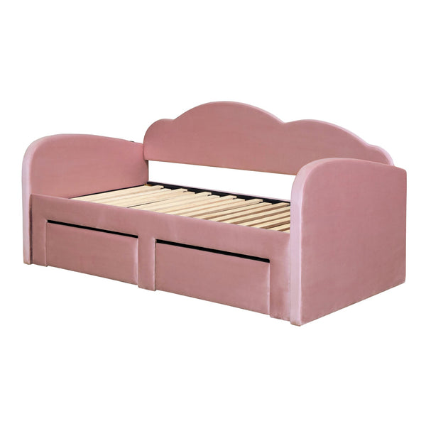 English Elm Twin Upholstered Daybed with Cloud Backrest, Trundle & 2 Storage Drawers, USB Ports, Space-Saving Design Pink SF000070AAH