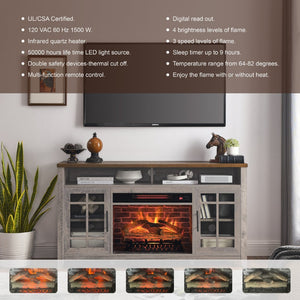 English Elm 55 Inch Fireplace Tv Stand with Infrared Heater Gray Wash Finish Media Storage W1769132643