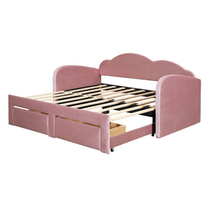 English Elm Twin Upholstered Daybed with Cloud Backrest, Trundle & 2 Storage Drawers, USB Ports, Space-Saving Design Pink SF000070AAH