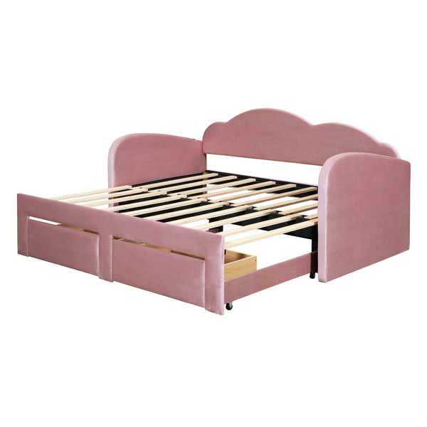 English Elm Twin Upholstered Daybed with Cloud Backrest, Trundle & 2 Storage Drawers, USB Ports, Space-Saving Design Pink SF000070AAH