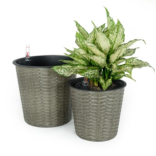 English Elm 2-Pack Elegant Round Grey Wicker Planters With Self-Watering System For Indoor & Outdoor Use B046P144647
