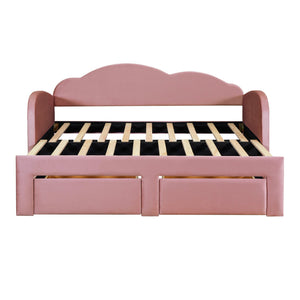 English Elm Twin Upholstered Daybed with Cloud Backrest, Trundle & 2 Storage Drawers, USB Ports, Space-Saving Design Pink SF000070AAH
