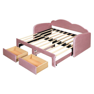 English Elm Twin Upholstered Daybed with Cloud Backrest, Trundle & 2 Storage Drawers, USB Ports, Space-Saving Design Pink SF000070AAH