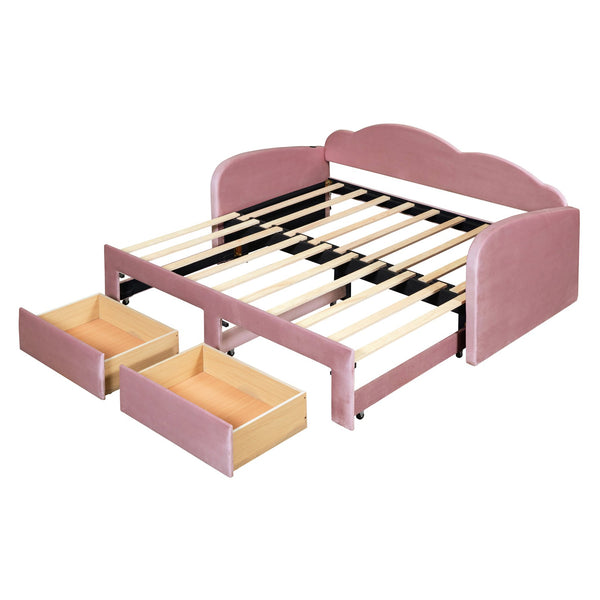 English Elm Twin Upholstered Daybed with Cloud Backrest, Trundle & 2 Storage Drawers, USB Ports, Space-Saving Design Pink SF000070AAH