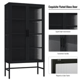 English Elm Double Glass Door Storage Cabinet With Adjustable Shelves and Feet Cold-Rolled Steel Sideboard Furniture For Living Room Kitchen Black