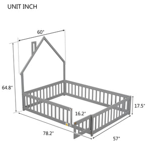 English Elm Full House-Shaped Headboard Floor Bed With Fence - Cozy, Safe Design In Grey For Kids' Rooms W504119480
