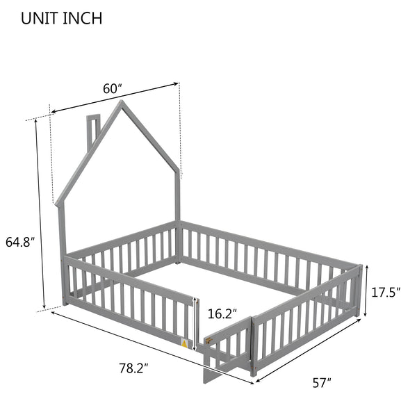 English Elm Full House-Shaped Headboard Floor Bed With Fence - Cozy, Safe Design In Grey For Kids' Rooms W504119480