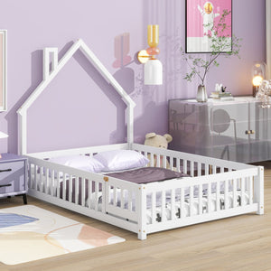 English Elm Full House-Shaped Floor Bed With Fence Guardrails - Cozy White Pine Frame For Imaginative Sleep Spaces W504119481