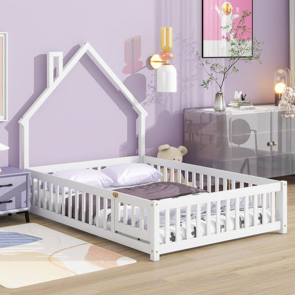 English Elm Full House-Shaped Floor Bed With Fence Guardrails - Cozy White Pine Frame For Imaginative Sleep Spaces W504119481