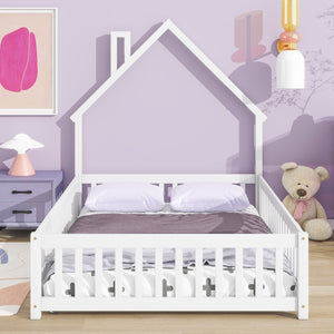 English Elm Full House-Shaped Floor Bed With Fence Guardrails - Cozy White Pine Frame For Imaginative Sleep Spaces W504119481
