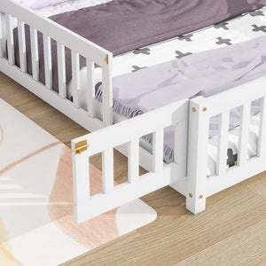 English Elm Full House-Shaped Floor Bed With Fence Guardrails - Cozy White Pine Frame For Imaginative Sleep Spaces W504119481