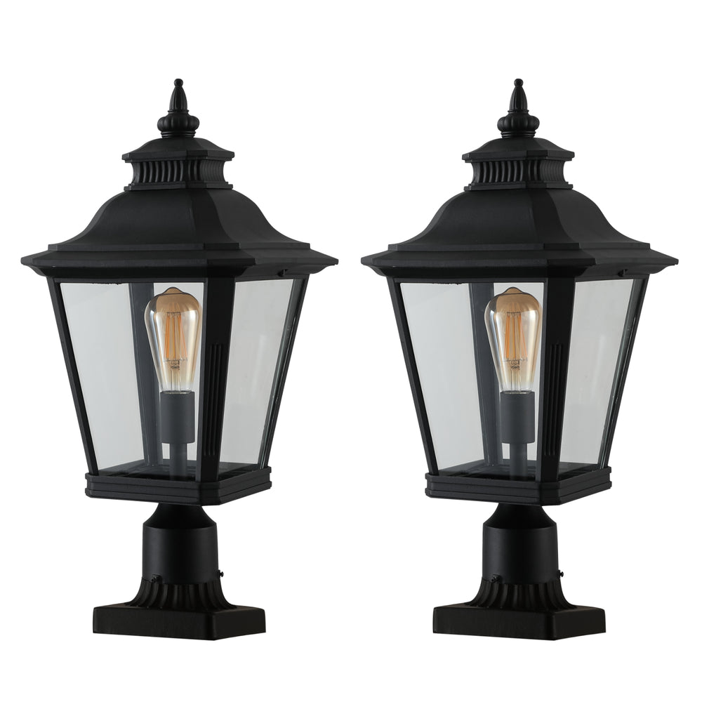 English Elm 21"(H) Vintage Black Metal 2-Pack Outdoor Post Lanterns – Elegant Clear Glass Pillar Lights For Pathways, Gates, And Gardens With Easy Installation And Versatile Bulb Options W1340P143683