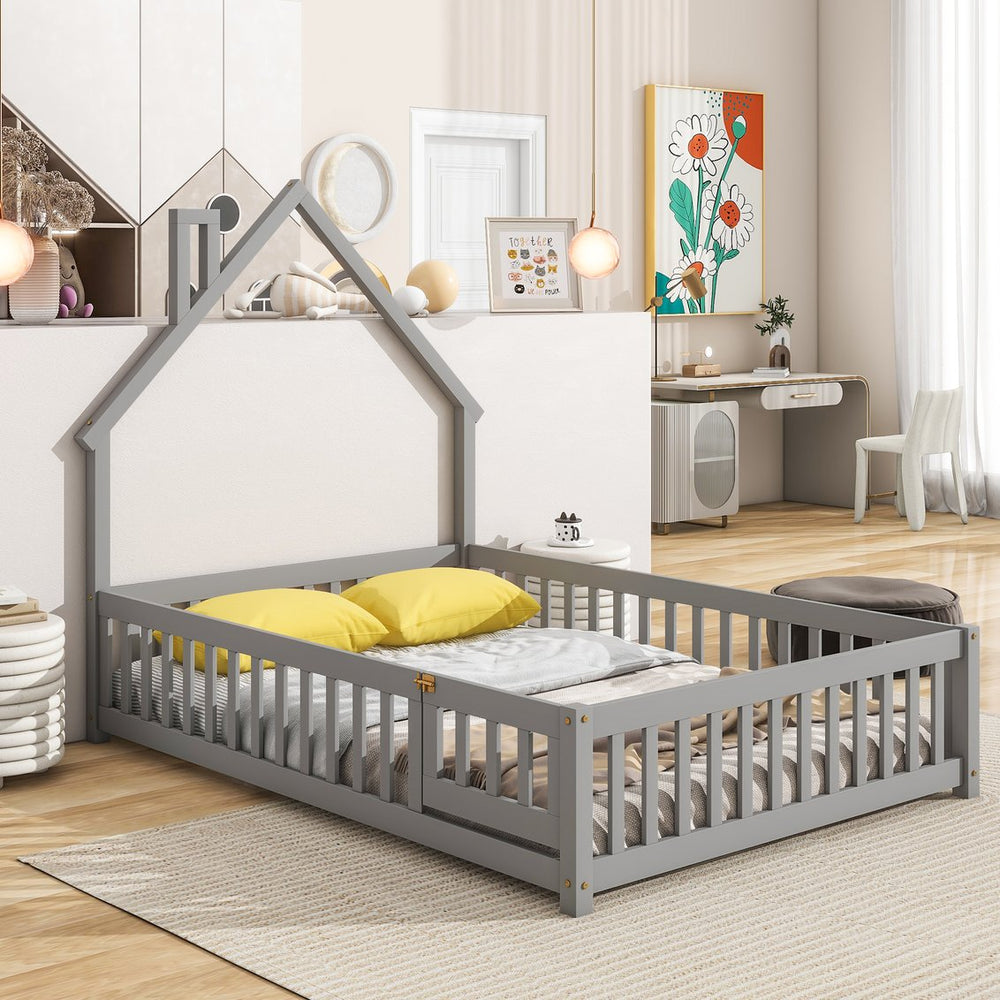 English Elm Full House-Shaped Headboard Floor Bed With Fence - Cozy, Safe Design In Grey For Kids' Rooms W504119480