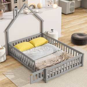 English Elm Full House-Shaped Headboard Floor Bed With Fence - Cozy, Safe Design In Grey For Kids' Rooms W504119480