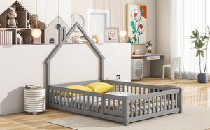 English Elm Full House-Shaped Headboard Floor Bed With Fence - Cozy, Safe Design In Grey For Kids' Rooms W504119480