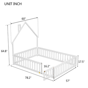 English Elm Full House-Shaped Floor Bed With Fence Guardrails - Cozy White Pine Frame For Imaginative Sleep Spaces W504119481