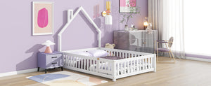 English Elm Full House-Shaped Floor Bed With Fence Guardrails - Cozy White Pine Frame For Imaginative Sleep Spaces W504119481