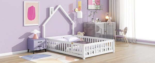English Elm Full House-Shaped Floor Bed With Fence Guardrails - Cozy White Pine Frame For Imaginative Sleep Spaces W504119481