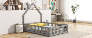 English Elm Full House-Shaped Headboard Floor Bed With Fence - Cozy, Safe Design In Grey For Kids' Rooms W504119480