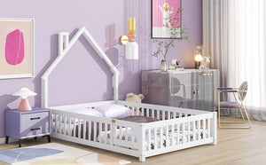 English Elm Full House-Shaped Floor Bed With Fence Guardrails - Cozy White Pine Frame For Imaginative Sleep Spaces W504119481