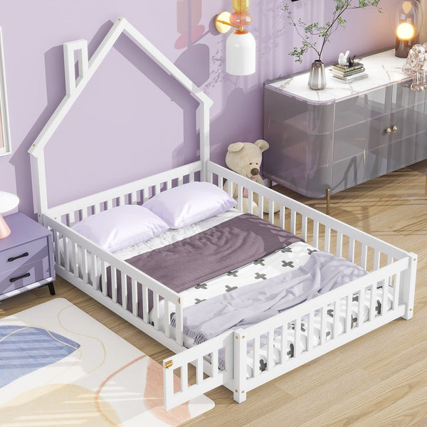 English Elm Full House-Shaped Floor Bed With Fence Guardrails - Cozy White Pine Frame For Imaginative Sleep Spaces W504119481