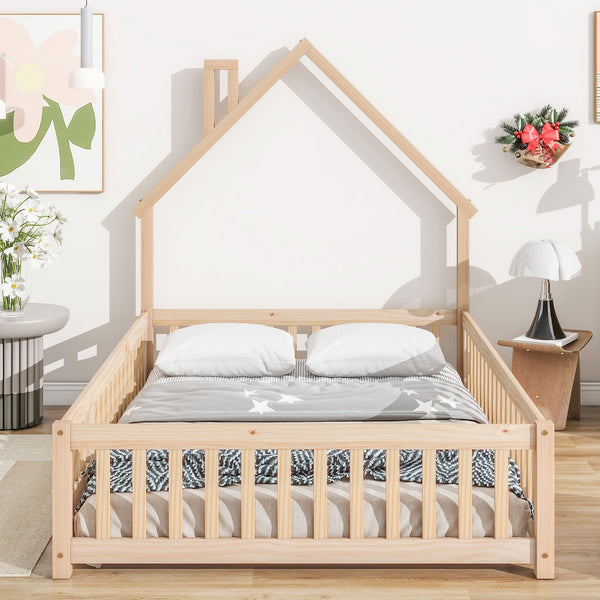 English Elm Full House-Shaped Headboard Floor Bed With Playful Fence, Natural Pine Wood, Perfect For Kids W504119482
