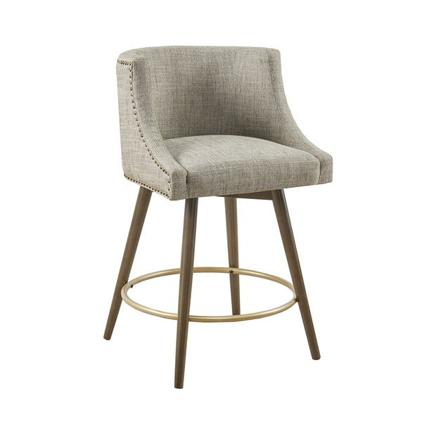 English Elm Swivel Madison Park Mateo Counter Stool with Beige Tweed Upholstery, Walnut Legs & Antique Bronze Nailhead B03548713
