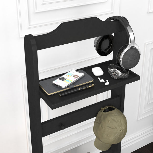 English Elm Accent Wooden Garment Rack with Top Tray & Lidded Jewelry Compartment — Compact Nordic Suit Valet Stand W760P145329