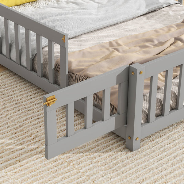 English Elm Full House-Shaped Headboard Floor Bed With Fence - Cozy, Safe Design In Grey For Kids' Rooms W504119480