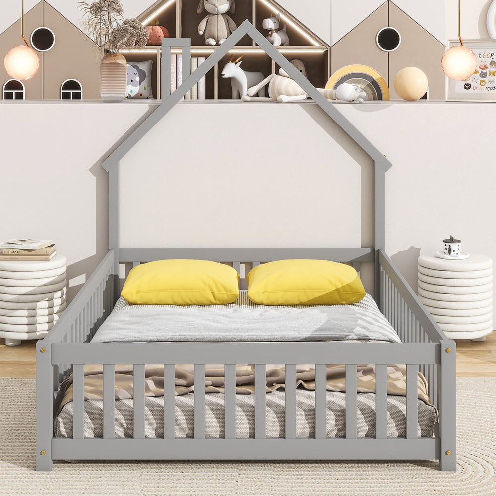 English Elm Full House-Shaped Headboard Floor Bed With Fence - Cozy, Safe Design In Grey For Kids' Rooms W504119480
