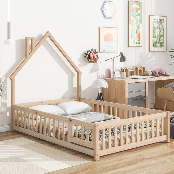 English Elm Full House-Shaped Headboard Floor Bed With Playful Fence, Natural Pine Wood, Perfect For Kids W504119482