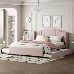 English Elm Upholstered Platform Bed With Wingback Headboard, One Twin Trundle and 2 Drawers, No Box Spring Needed, Linen Fabric, Queen Size Pink