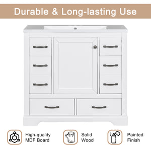 English Elm 36" Modern Bathroom Vanity with Ceramic Sink, Six Drawers, Adjustable Shelf, Solid Wood Build White SY999808AAK-6