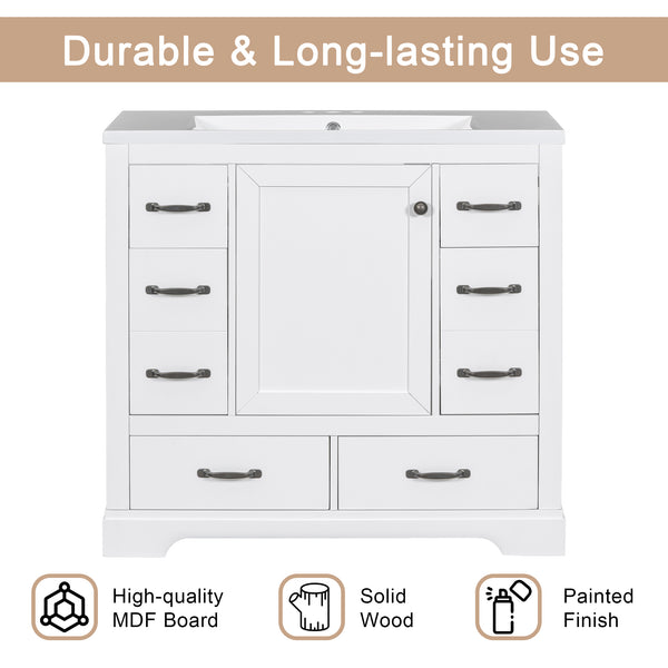English Elm 36" Modern Bathroom Vanity with Ceramic Sink, Six Drawers, Adjustable Shelf, Solid Wood Build White SY999808AAK-6