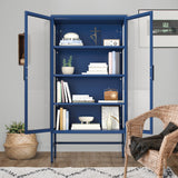 English Elm Double Glass Door Storage Cabinet With Adjustable Shelves and Feet Cold-Rolled Steel Sideboard Furniture For Living Room Kitchen Blue