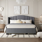 English Elm Upholstered Platform Bed With Wingback Headboard, One Twin Trundle and 2 Drawers, No Box Spring Needed, Linen Fabric, Queen Size Gray