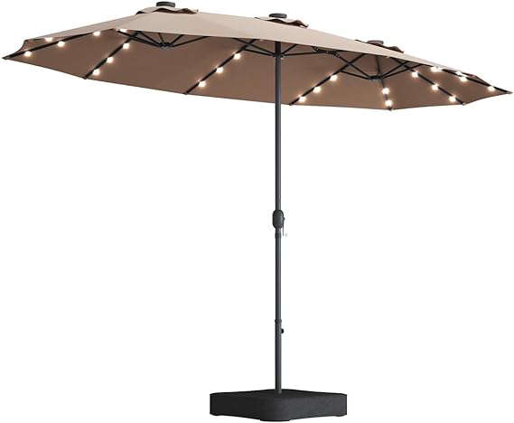 English Elm 15x9ft Double-Sided Rectangular Patio Umbrella with 48 LED Lights, Crank Lift, UV50+ Weatherproof Design taupe W419P145383