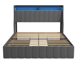 English Elm Full Upholstered Full Bed with RGB LED Headboard, 4 Sliding Storage Drawers, Wings Design DARK GREY W1960S00002