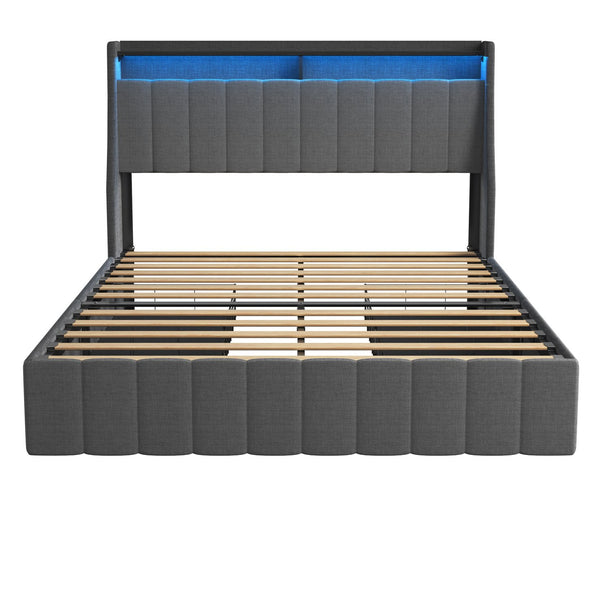 English Elm Full Upholstered Full Bed with RGB LED Headboard, 4 Sliding Storage Drawers, Wings Design DARK GREY W1960S00002